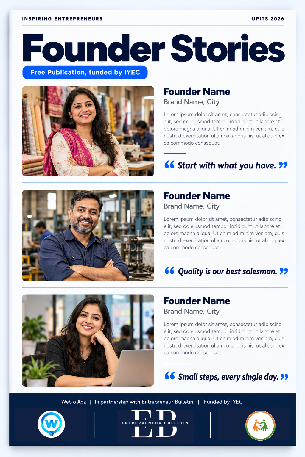 Inspiring Entrepreneurs magazine: sample Free Publication page with three founder stories